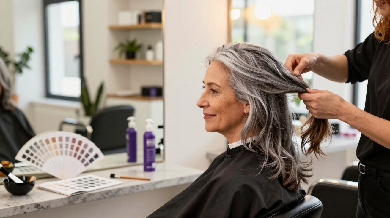 Mulher madura sorridente recebe tratamento capilar em salão de beleza moderno e iluminado.