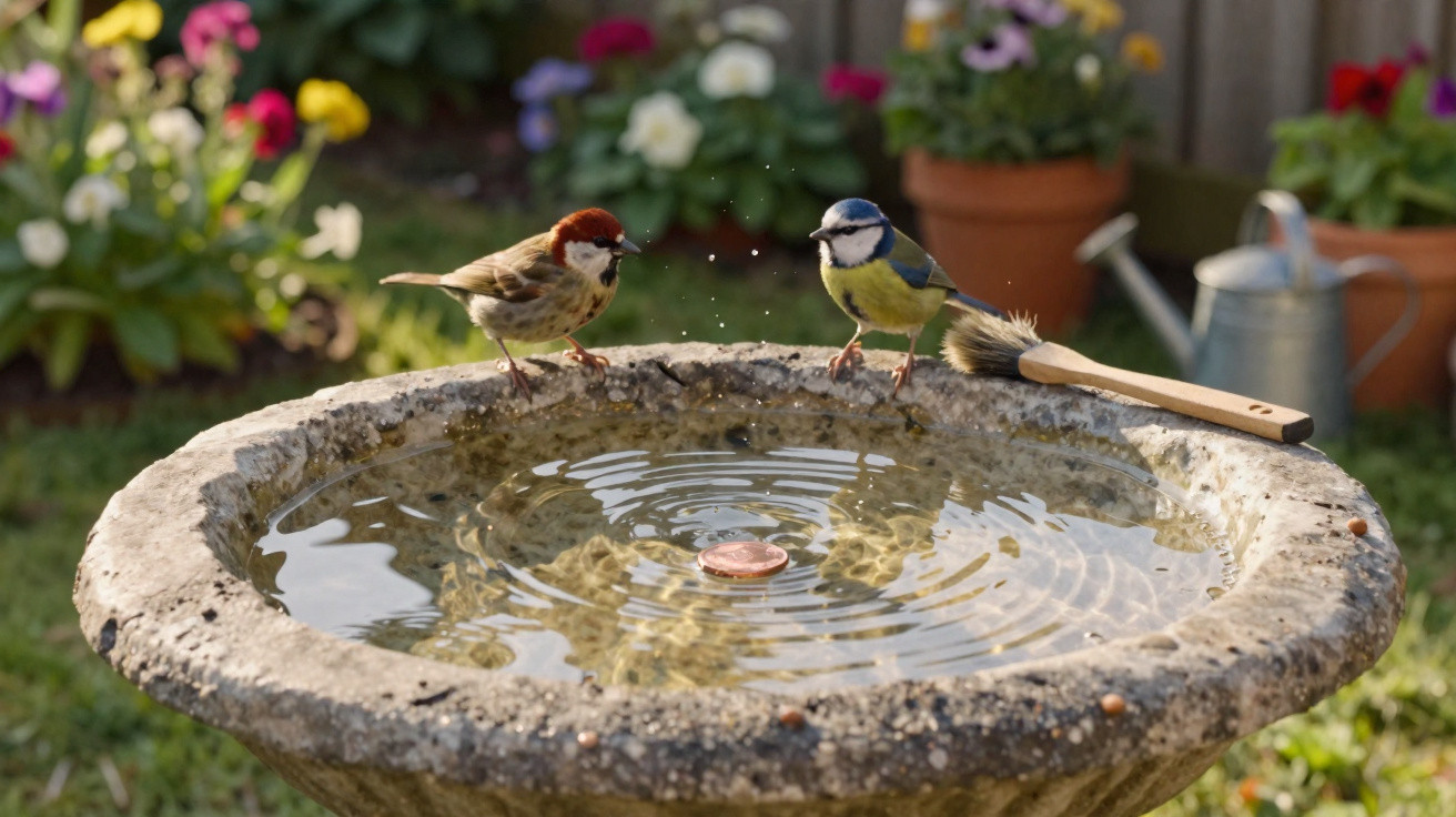 Dois pássaros bebendo água em um bebedouro de pedra com jardim e regador ao fundo.