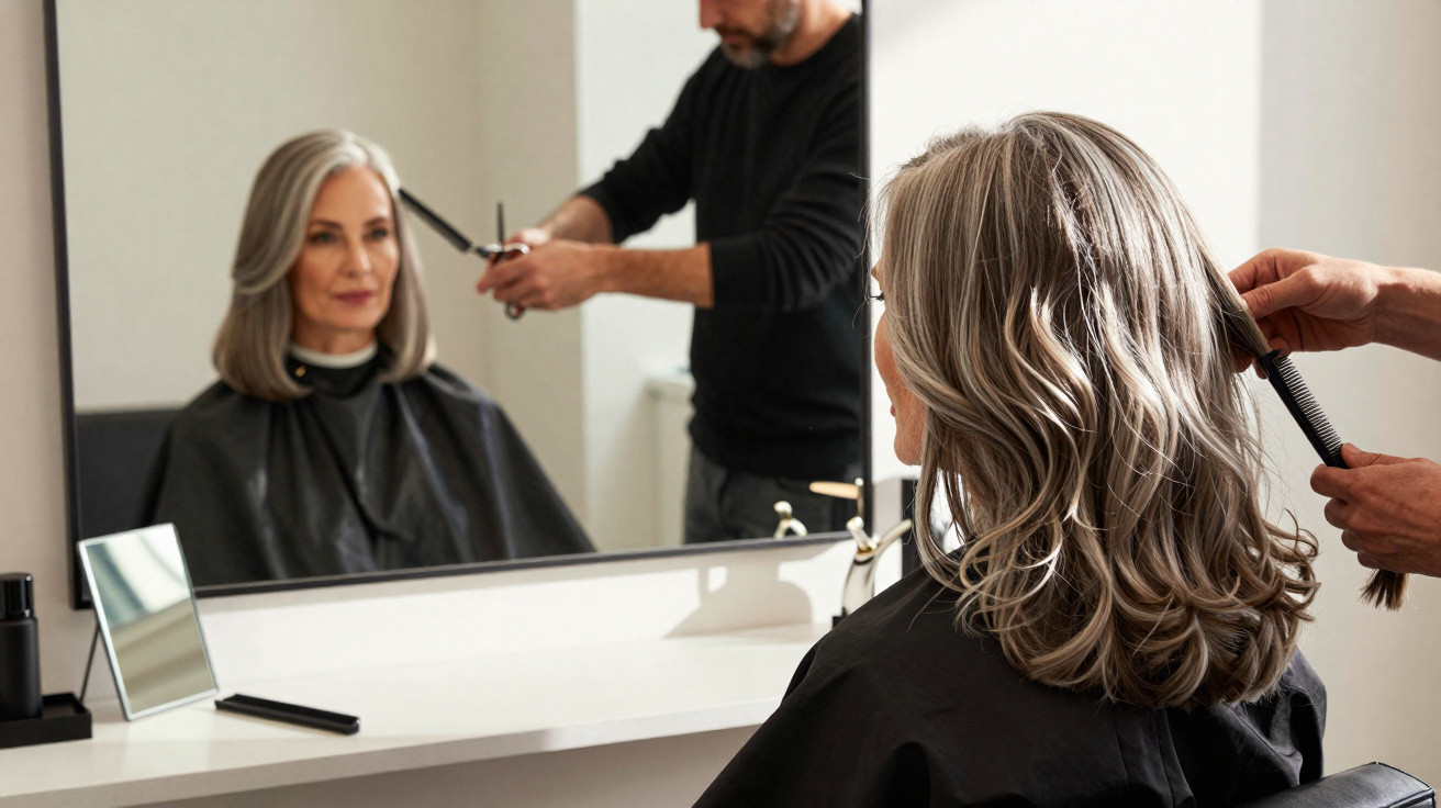 Mulher madura com cabelo grisalho sendo penteada por cabeleireiro em salão de beleza.