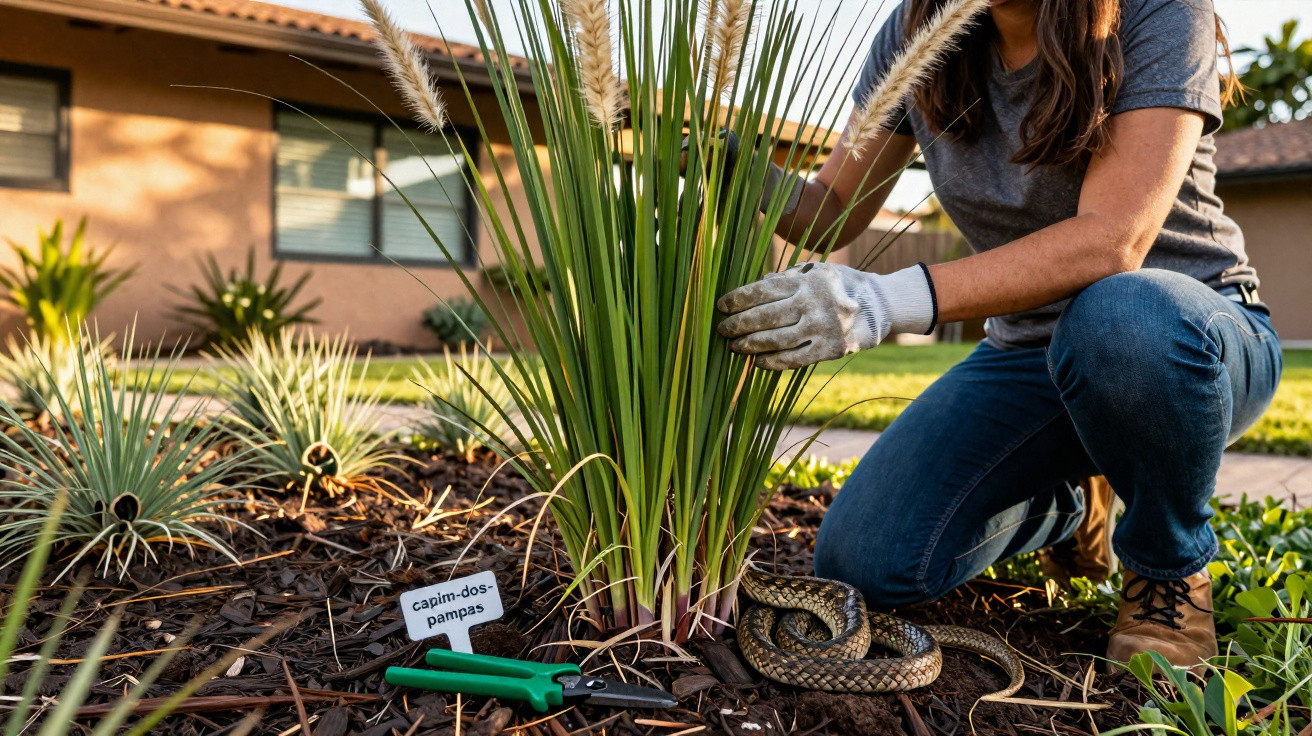 Pessoa com luvas cuidando de planta capim-dos-pampas em jardim residencial com cobra no chão.