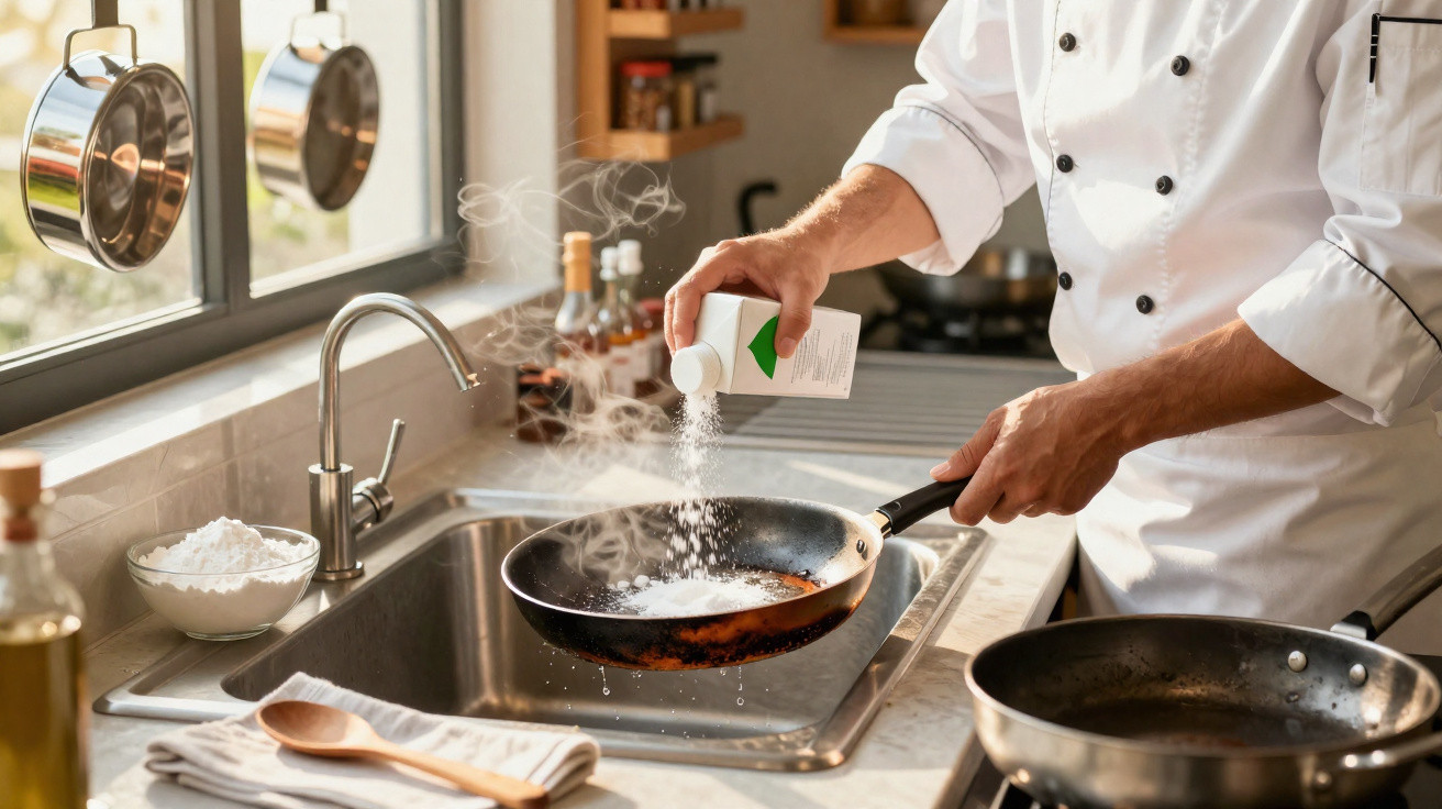 Chef adiciona sal em frigideira quente em cozinha iluminada com utensílios pendurados e ingredientes ao lado.