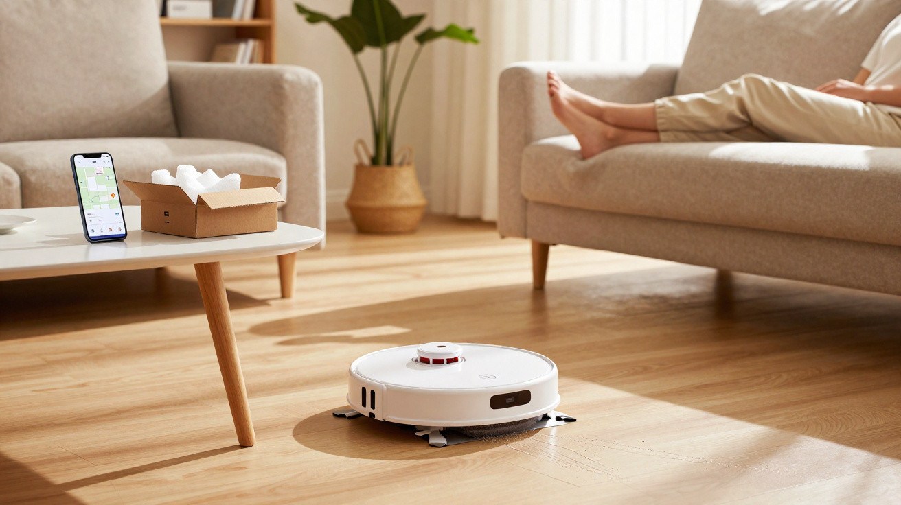 Aspirador robô branco limpando chão de madeira em sala com sofá e mesa de centro.
