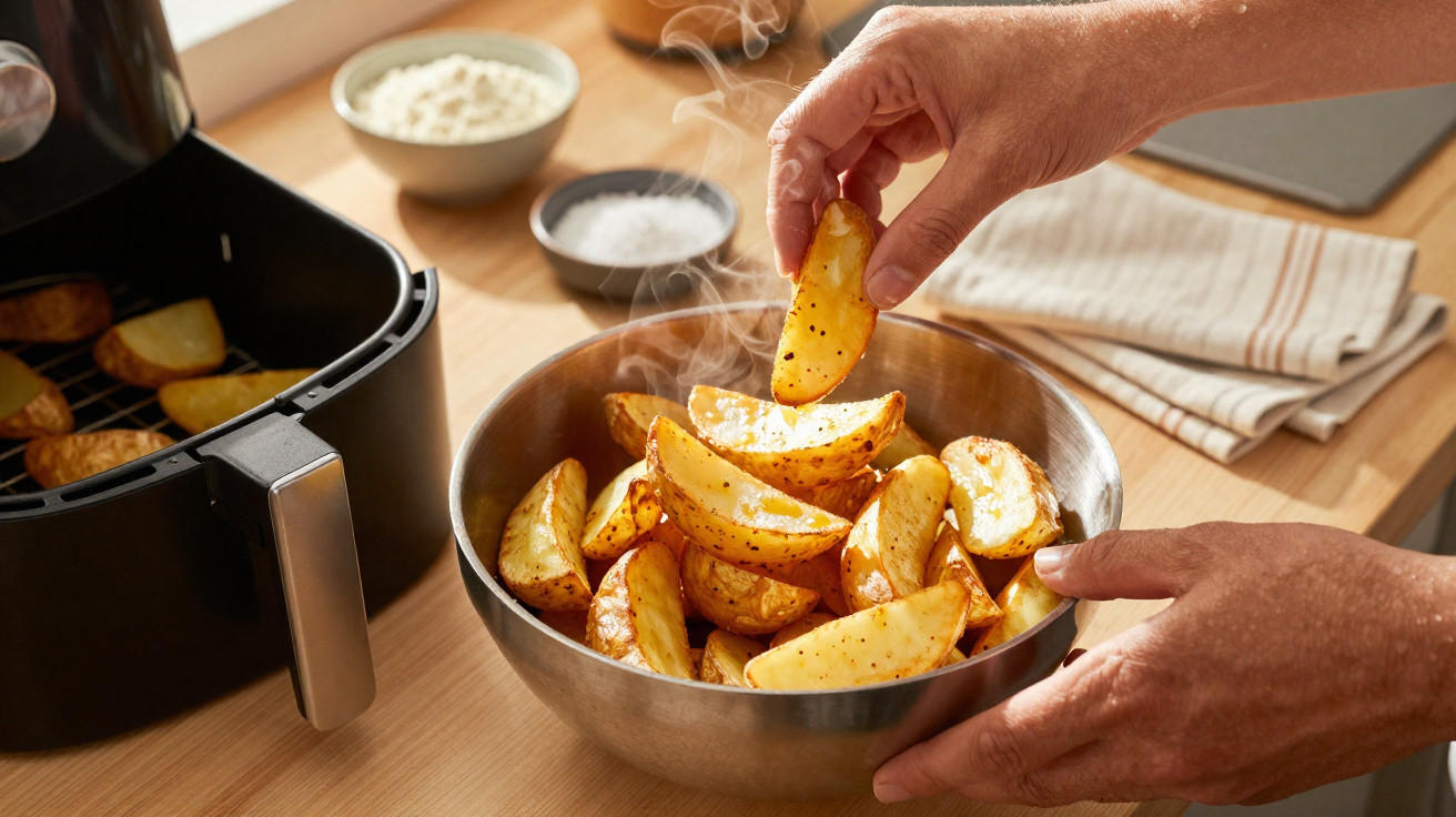 Mãos pegando batatas rústicas quentes e temperadas em uma tigela de metal ao lado de fritadeira elétrica.