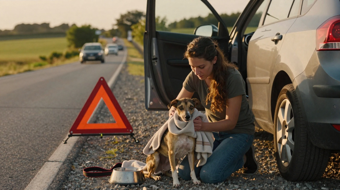Mulher aquece cachorro com cobertor na estrada ao lado de carro parado com triângulo de sinalização.