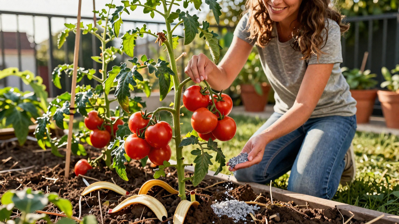 Mulher sorridente cuidando de tomateiras com tomates maduros em uma horta caseira ensolarada.