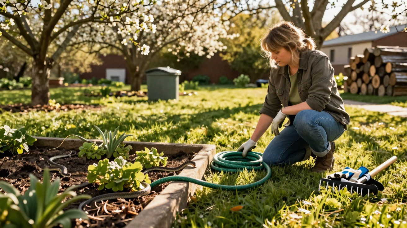 Mulher ajoelhada regando plantas em jardim com mangueira de jardim verde no fim da tarde.