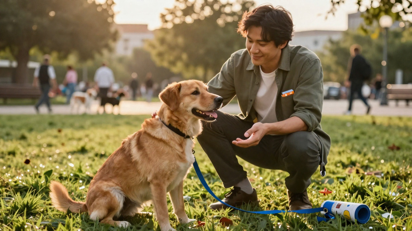 Homem agachado acaricia cachorro dourado sentado na grama em parque durante o dia.