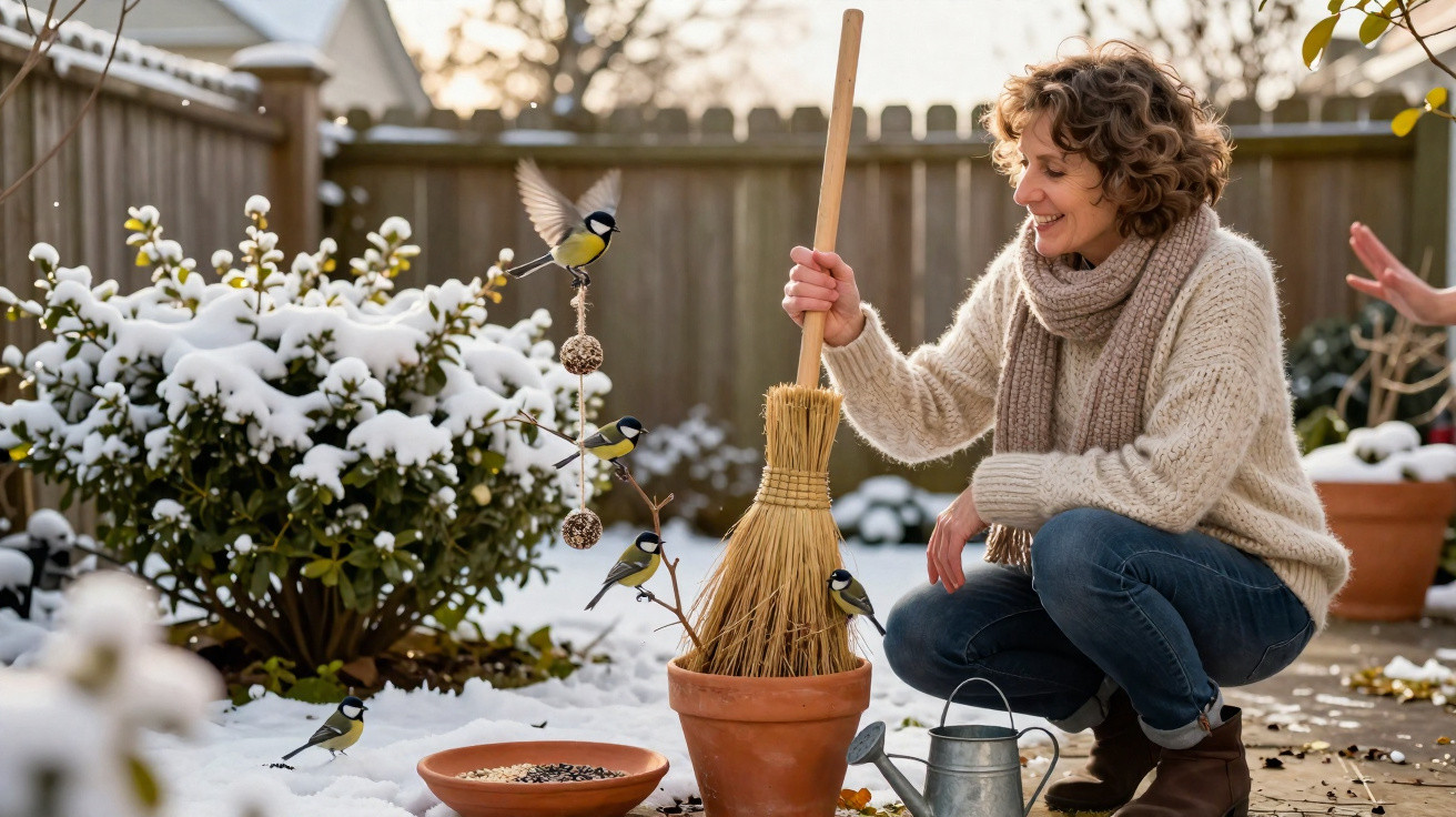 Mulher agachada sorrindo enquanto alimenta passarinhos no jardim com neve.