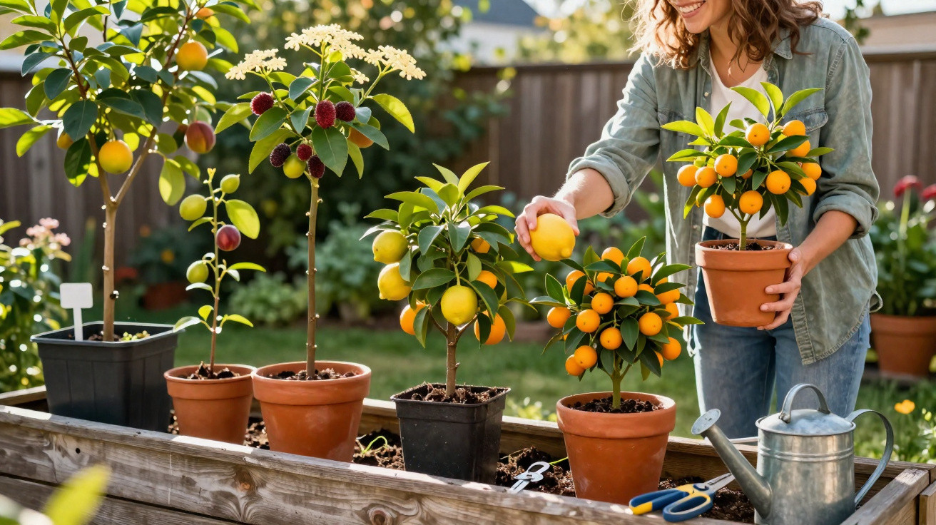 Mulher colhendo frutas cítricas de vasos em jardim com várias plantas e regador metálico.