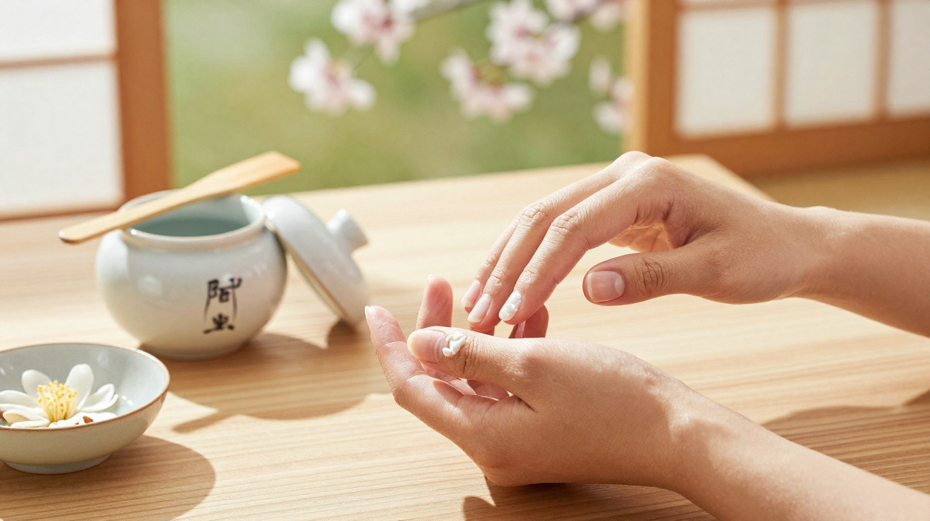 Mãos femininas aplicando creme hidratante com pote e flor sobre mesa de madeira clara.