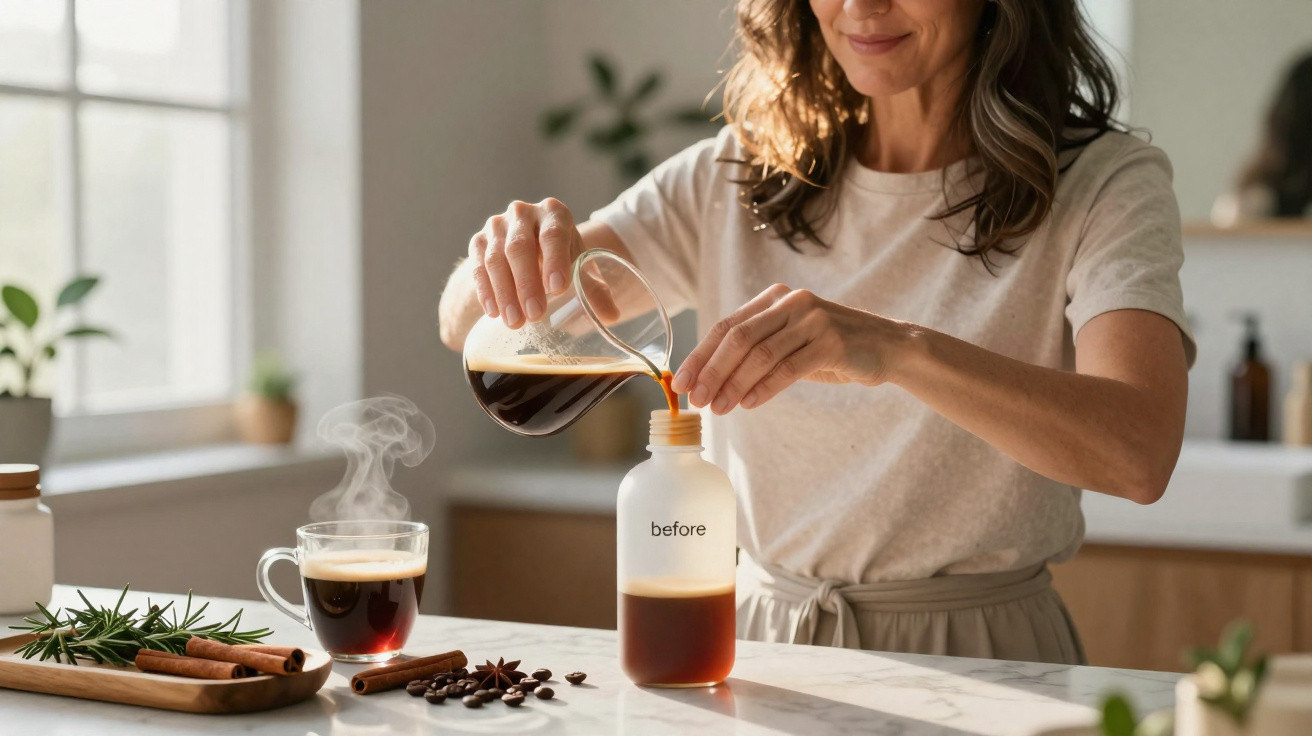 Mulher em cozinha iluminada enchendo frasco etiquetado com café quente ao lado de xícara e especiarias.