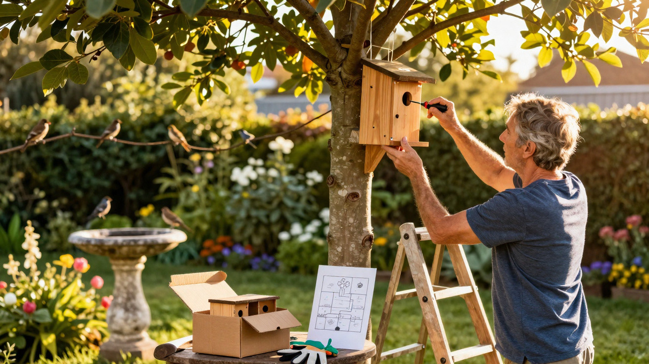 Homem instala casa de passarinho em árvore no jardim ensolarado com ferramentas e plantas ao redor.