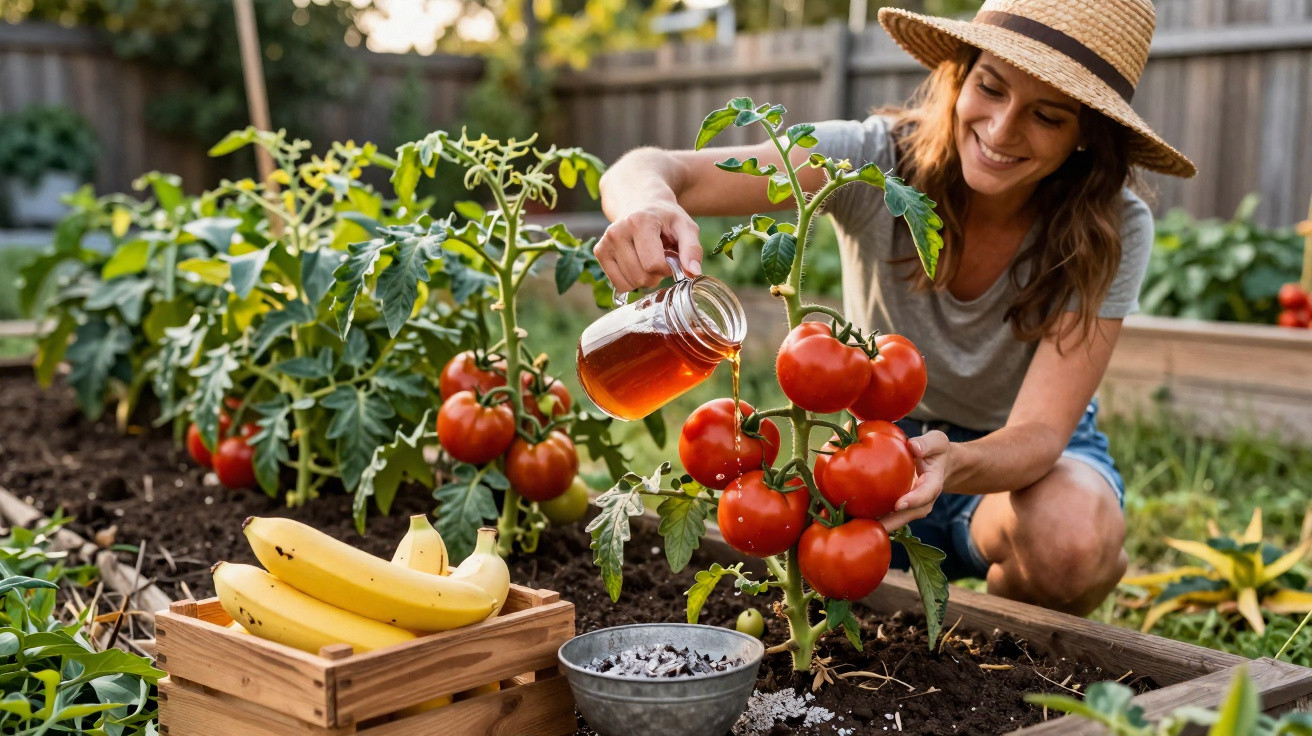 Mulher regando tomateiras com regador em jardim, ao lado caixa com bananas e cesto com terra.