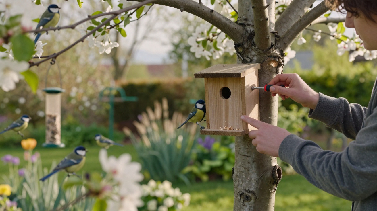 Pessoa instalando uma casinha de pássaros em árvore com várias aves azuis ao redor em jardim florido.