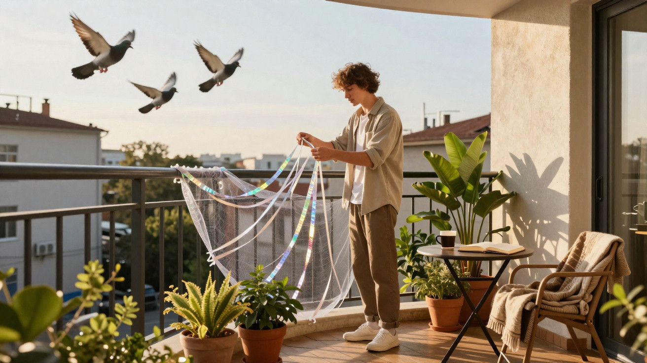 Jovem no terraço com plantas, segurando uma rede, enquanto três pombos voam próximo ao varal.