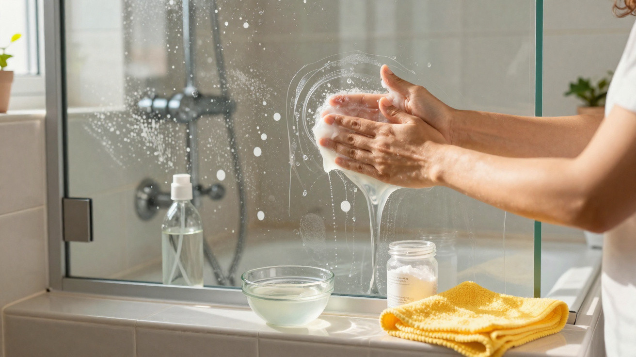 Pessoa limpando espelho com esponja e produtos de limpeza em banheiro iluminado pela luz natural.