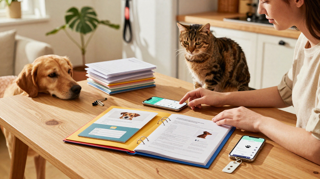 Pessoa consultando documentos de animais em mesa com gato e cachorro observando ao redor.