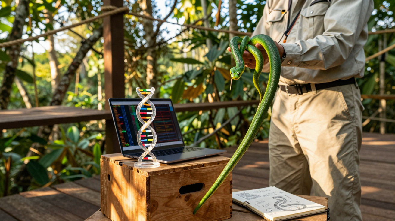 Homem segurando duas cobras verdes ao lado de notebook, modelo de DNA e caderno com desenhos em área externa.