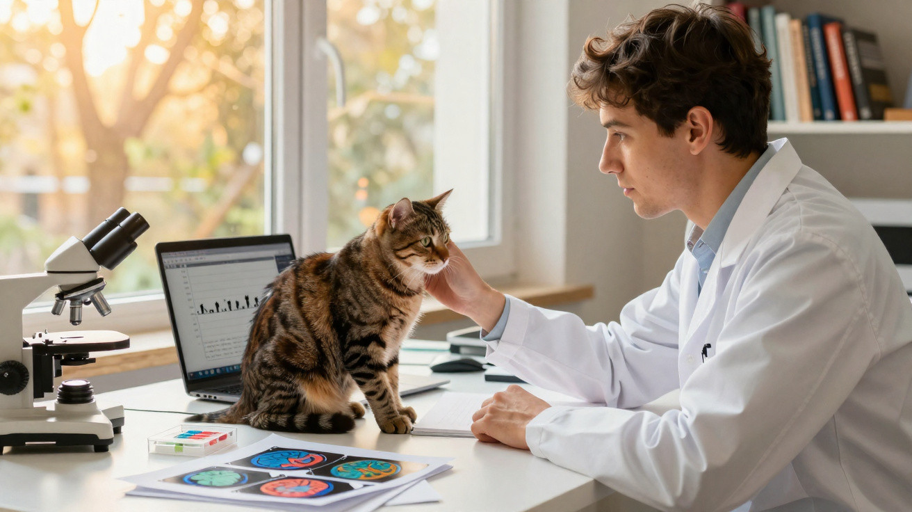 Veterinário em jaleco acaricia gato em mesa com microscópio e laptop em ambiente iluminado.