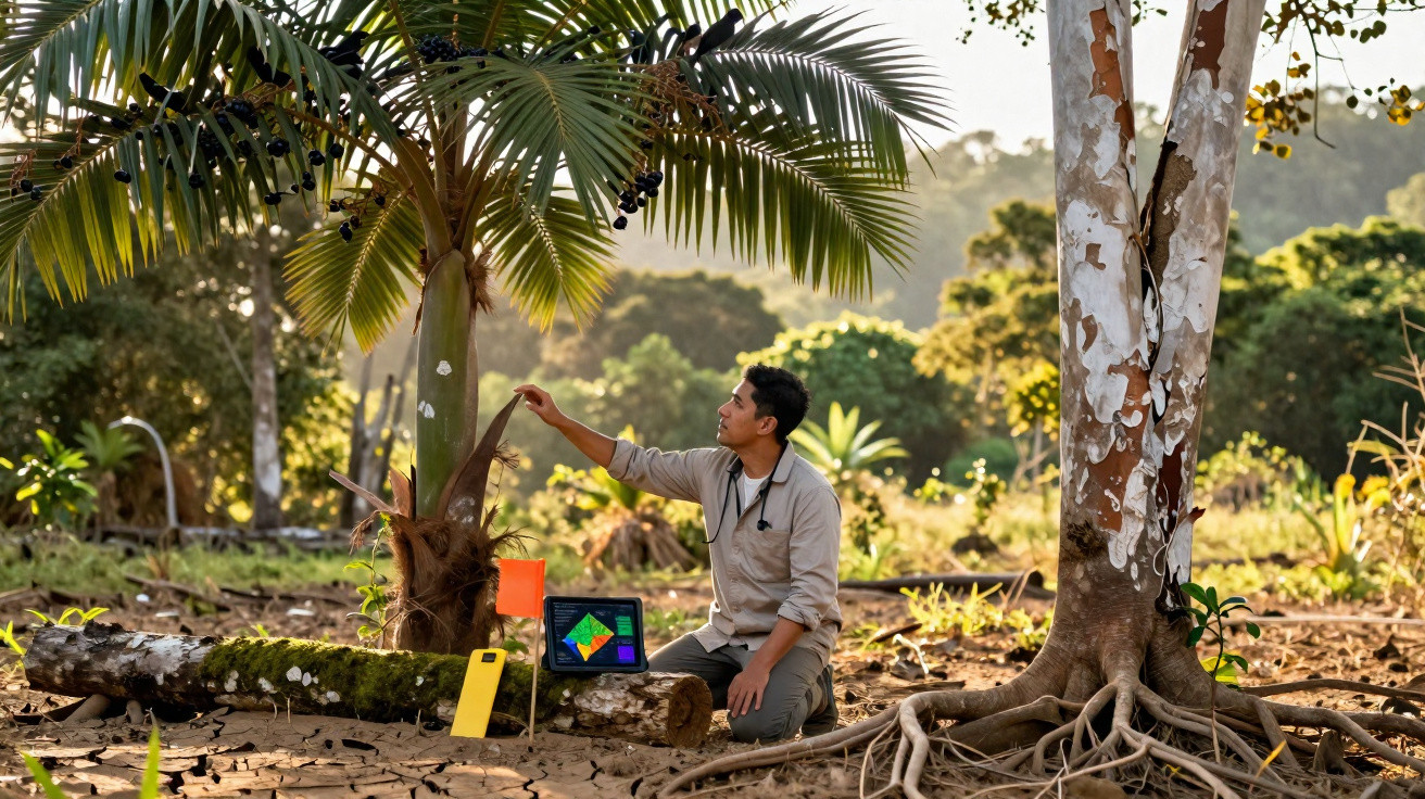 Pesquisador analisa planta em área seca, com laptop e equipamentos ao lado, sob luz do sol.