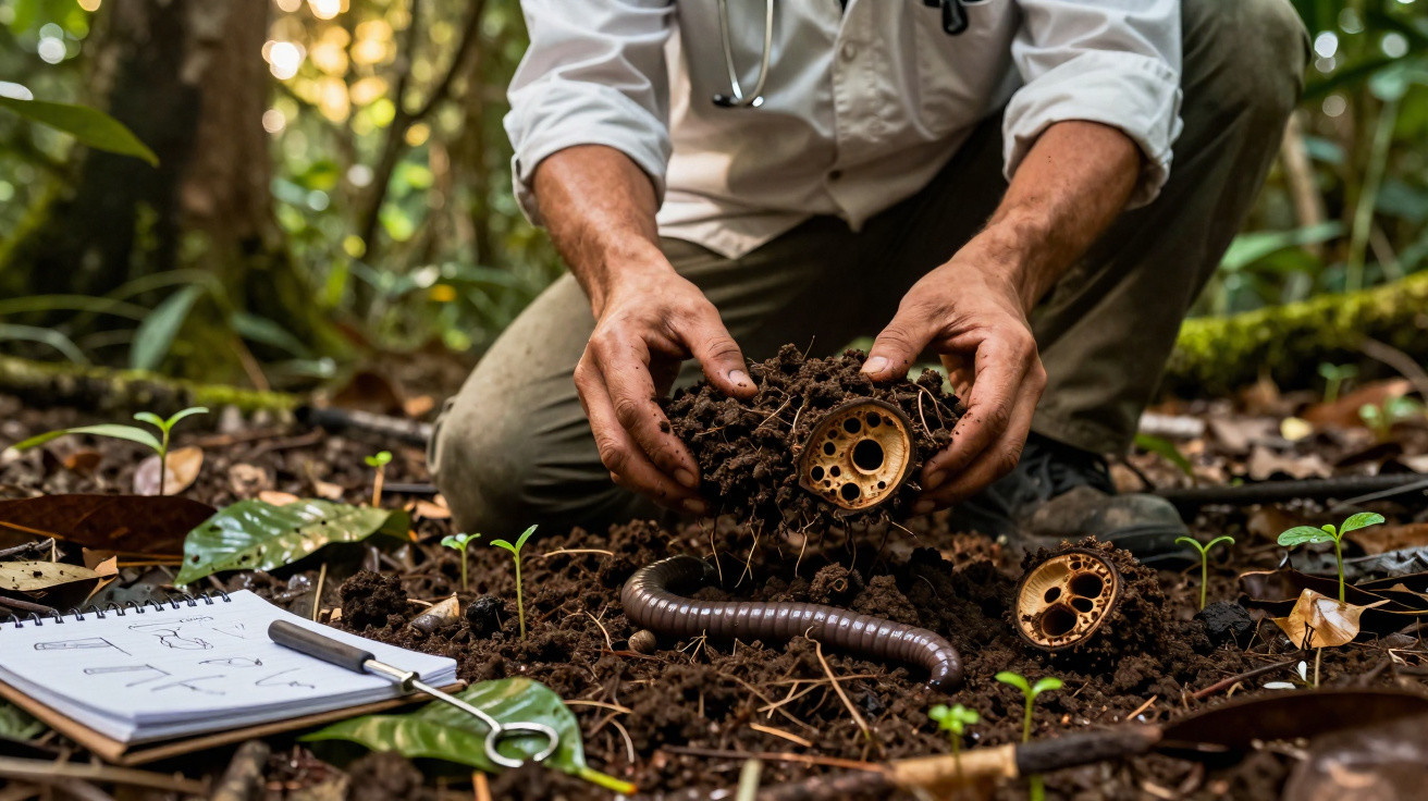 Pessoa agachada segurando solo com objeto metálico em área de floresta com brotos e caderno ao lado.
