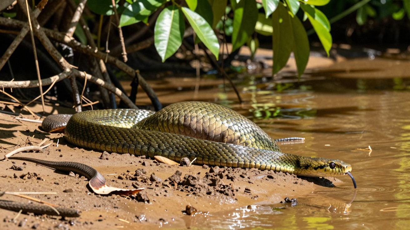 Cobra verde com língua bifurcada na beira de um rio, cercada por vegetação e terra úmida.