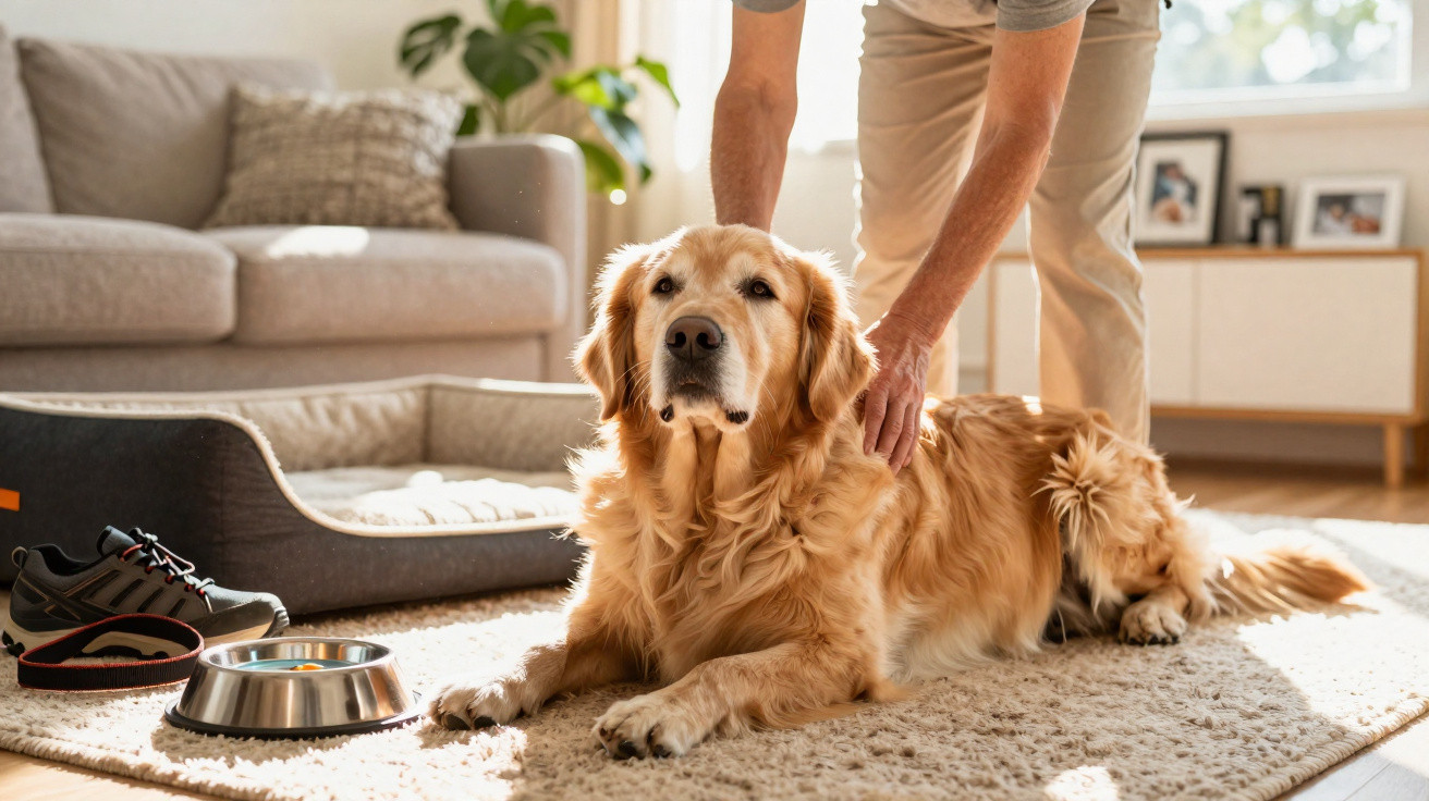 Cachorro golden retriever deitado em tapete com pessoa acariciando suas costas em sala iluminada.