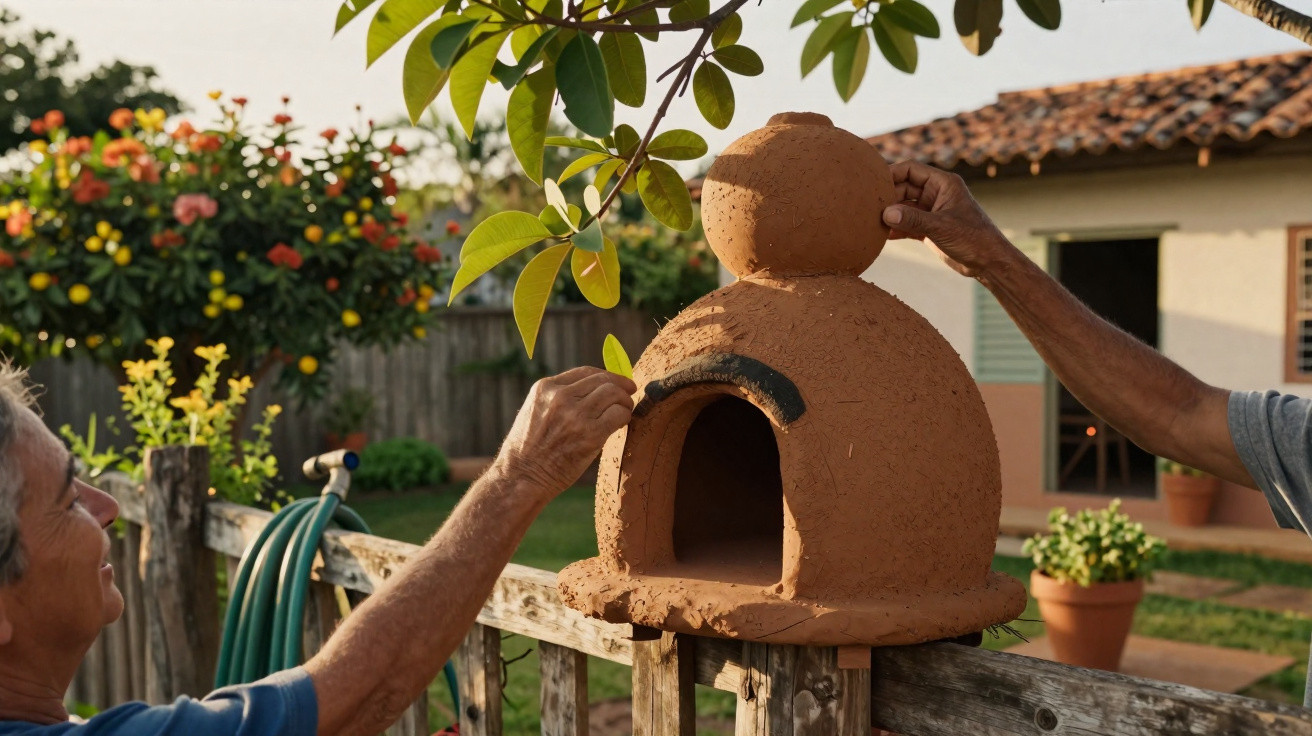 Duas pessoas montando um forno de barro em um quintal ensolarado, cercado por plantas e árvores.
