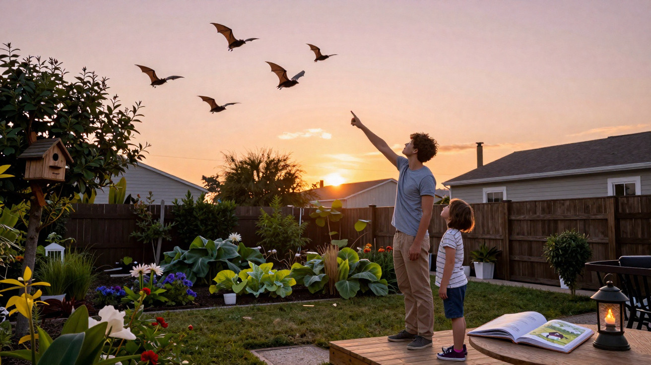 Homem e criança apontam para morcegos voando ao pôr do sol em jardim com plantas e flores.