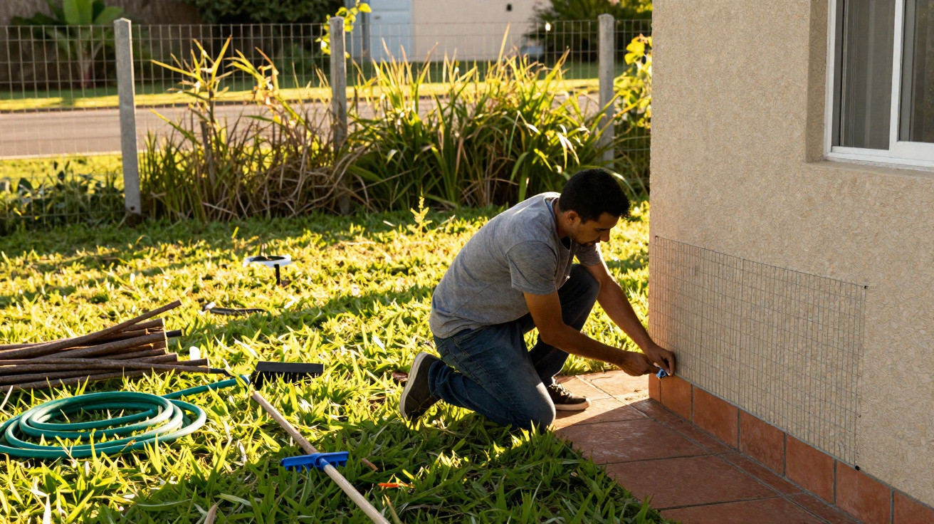 Homem agachado instalando tela protetora em parede externa de casa com jardim ao redor.