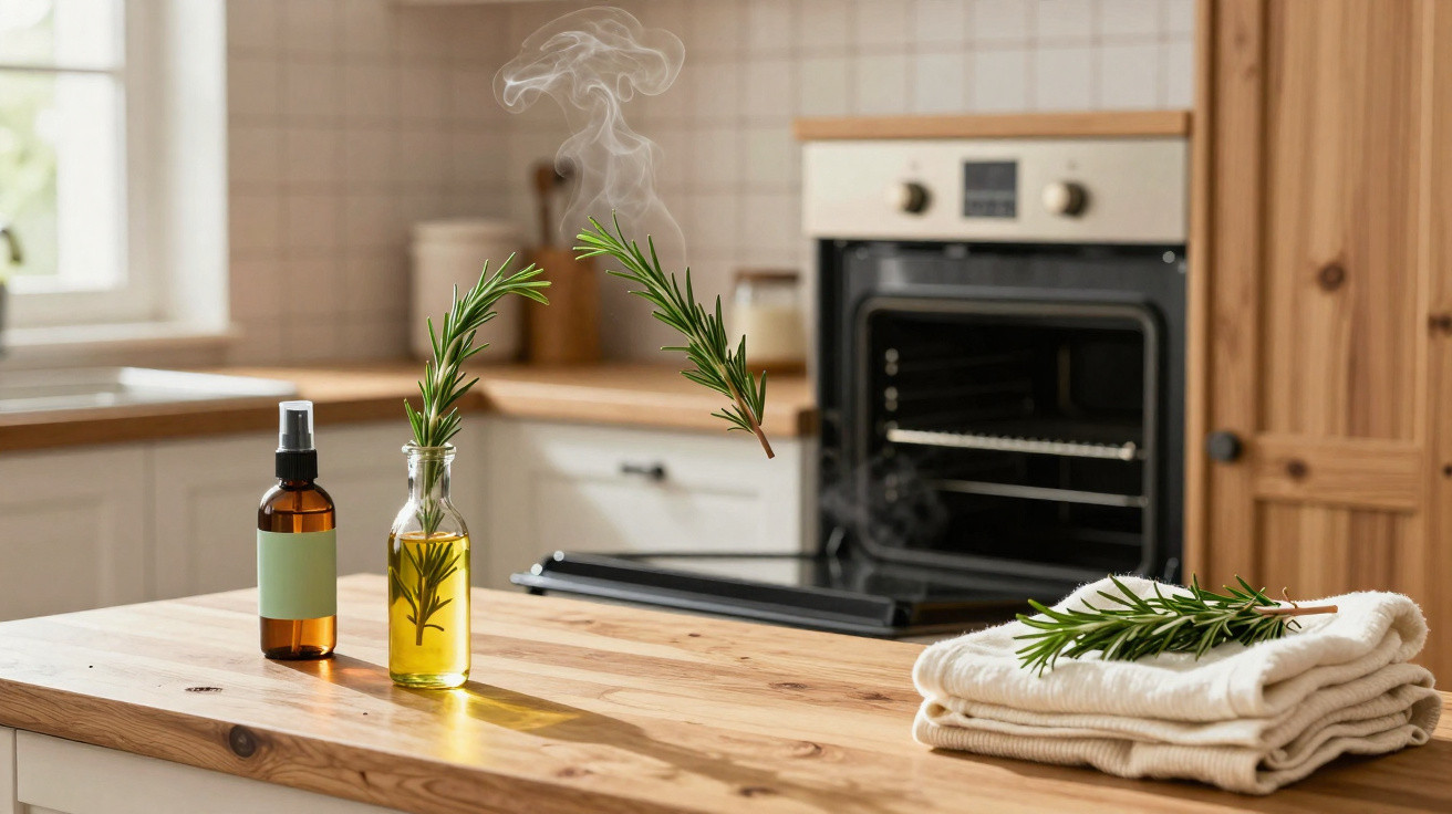 Cozinha com bancada de madeira, garrafas com óleo e spray, ramos de alecrim e forno aberto ao fundo.