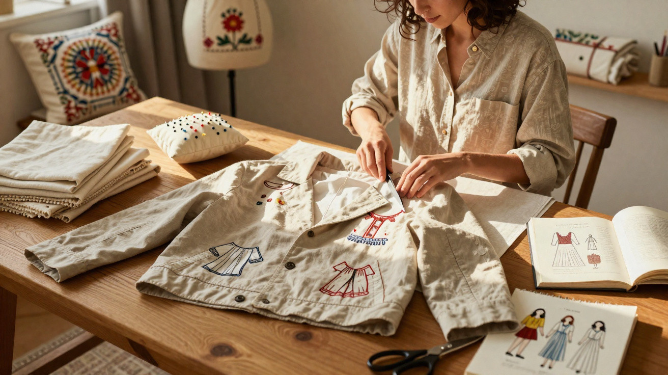 Mulher bordando jaqueta bege com desenhos de roupas coloridas em mesa de madeira clara.
