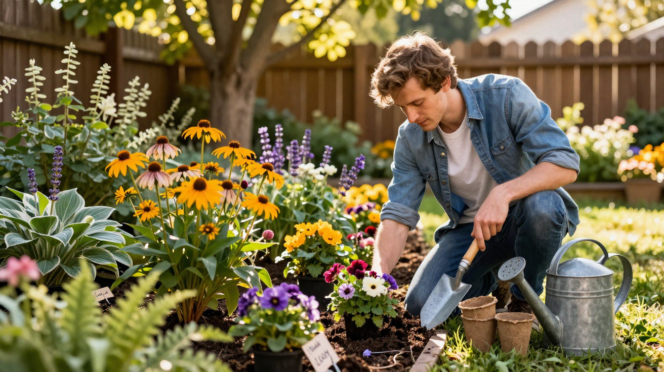 Jovem jardineiro plantando flores coloridas em canteiro de jardim ensolarado com regador ao lado.