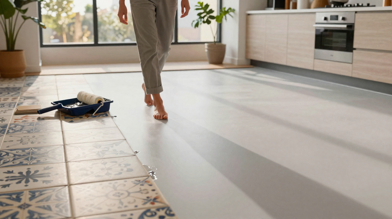 Pessoa descalça andando em cozinha com piso novo ao lado de piso antigo decorado com azulejos.