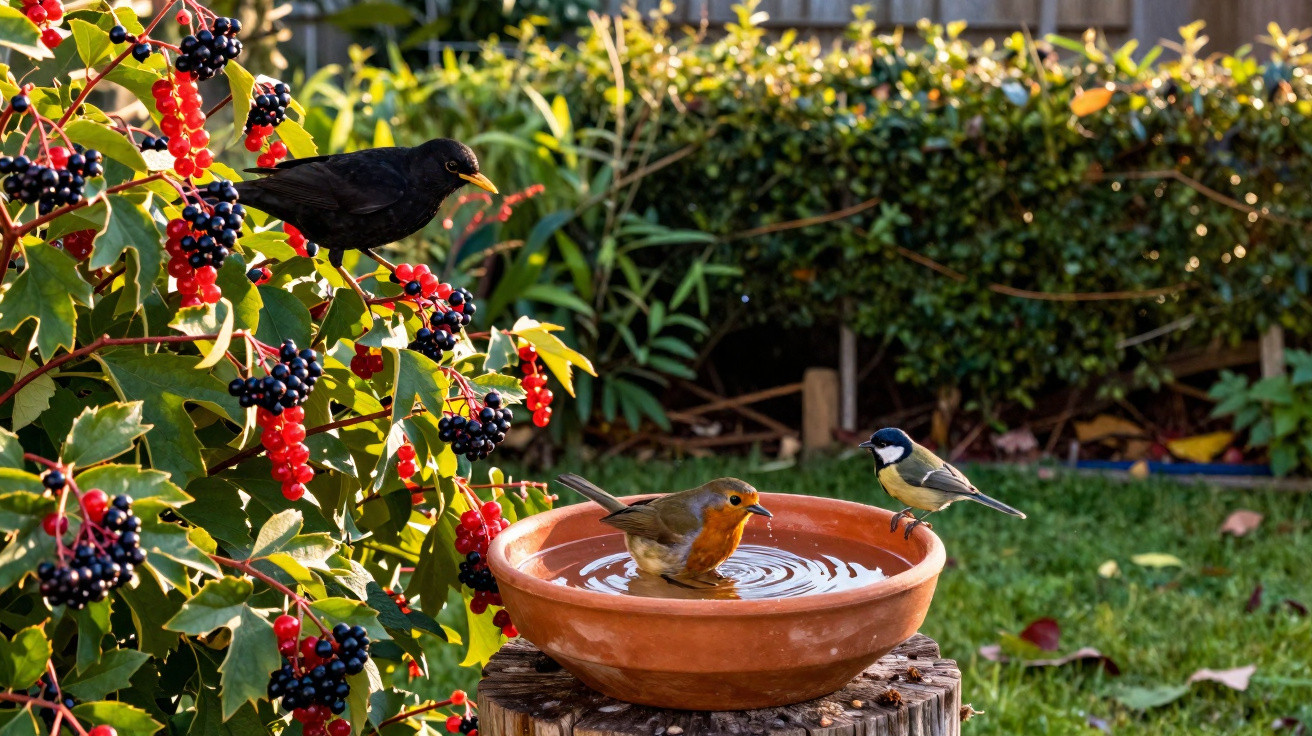 Três pássaros próximos a um alimento e água em tigela de barro em jardim com arbustos e frutas vermelhas.