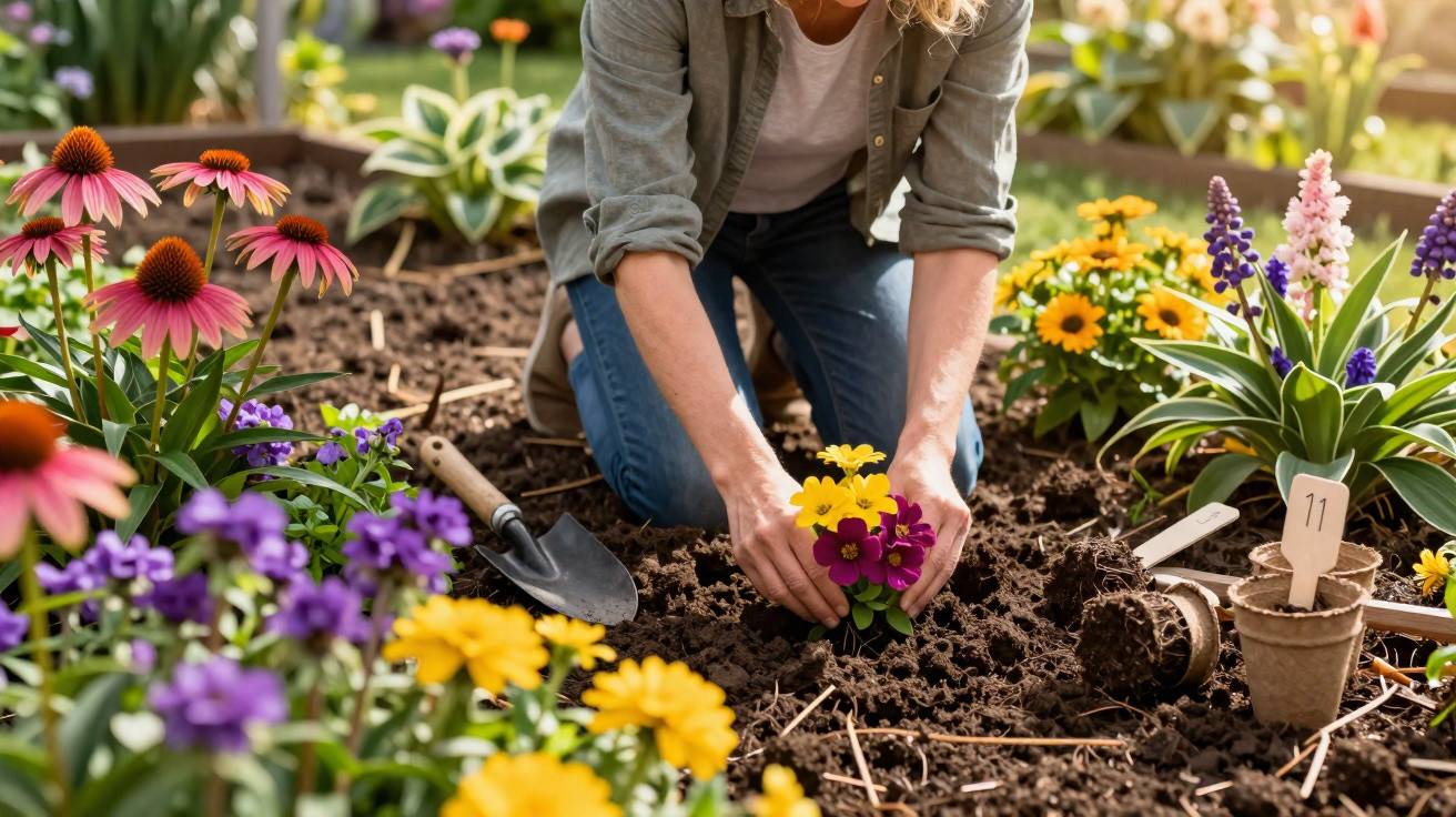 Pessoa plantando flores coloridas em um jardim com diversas plantas e ferramentas de jardinagem.