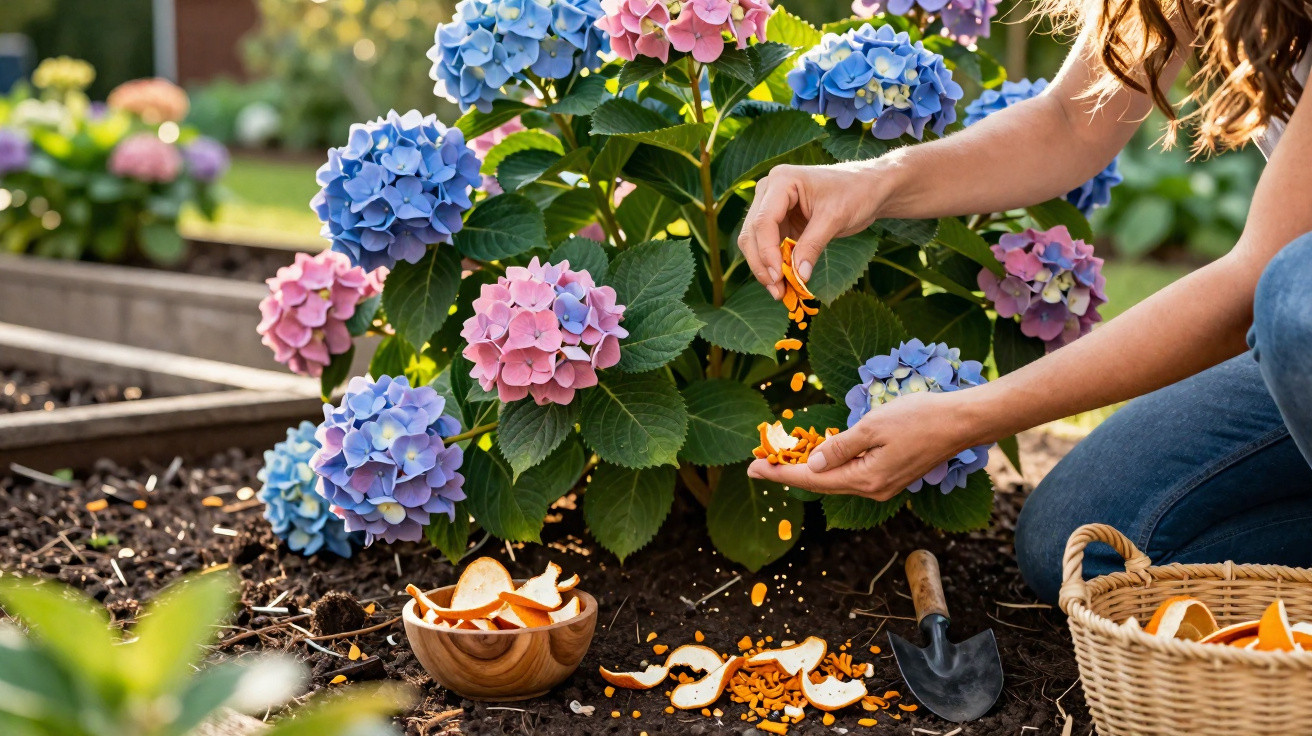 Pessoa espalha cascas de frutas secas no solo ao lado de hortênsias rosas e azuis em canteiro de jardim.