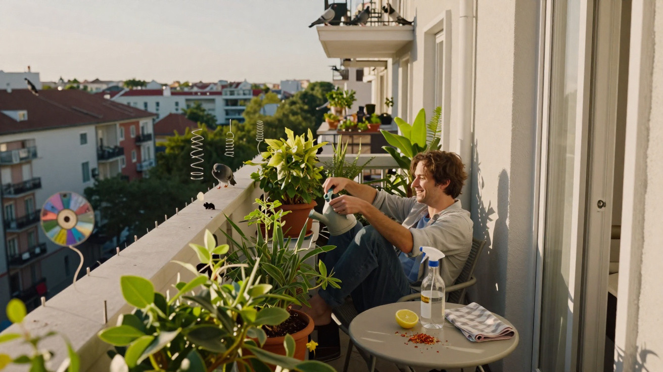 Homem regando plantas em varanda ensolarada com pote de água e várias plantas em vasos.