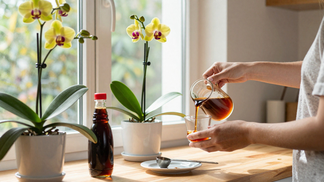 Pessoa servindo café em copo de vidro ao lado de orquídeas amarelas em vasos na janela.