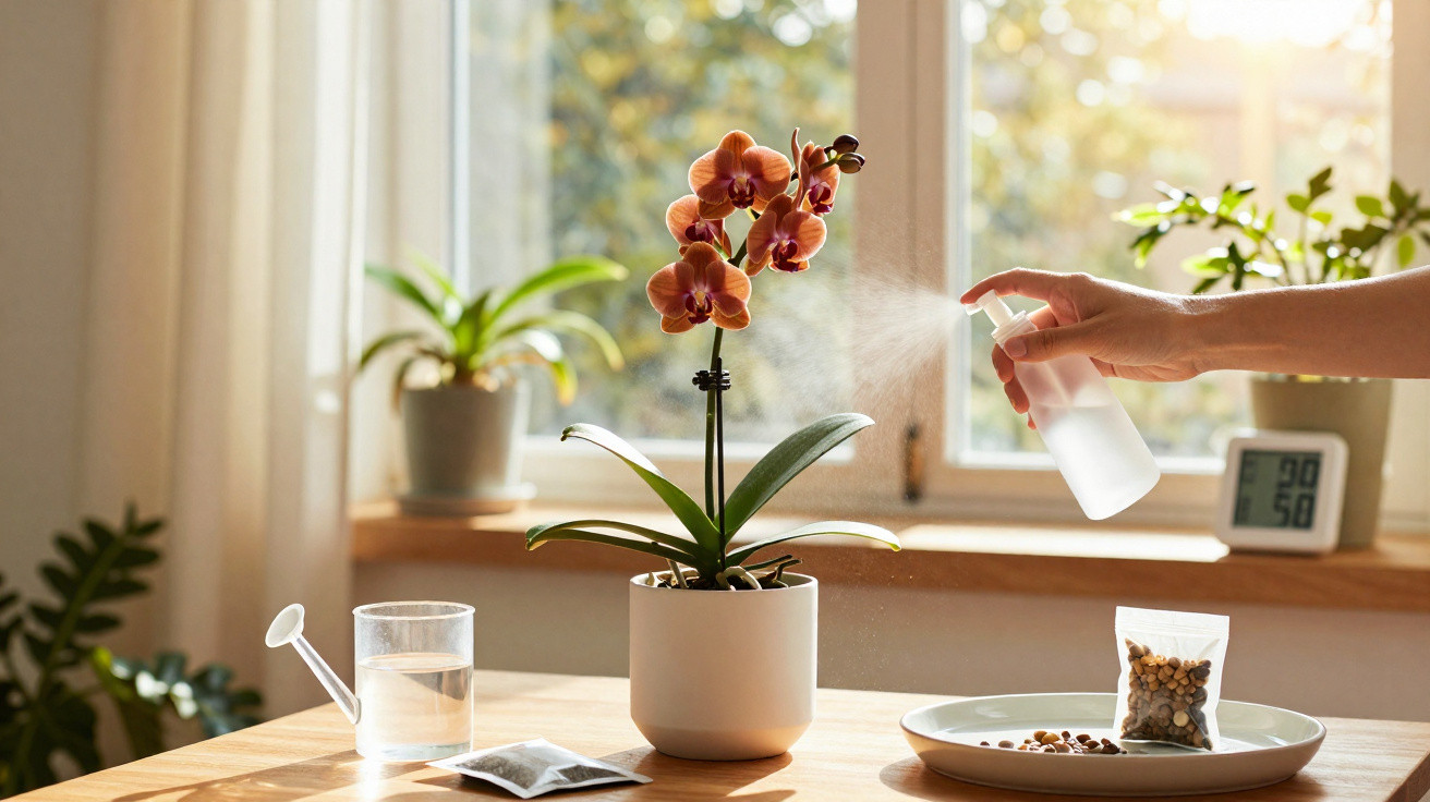 Mão pulverizando água em orquídea laranja em vaso branco, sobre mesa de madeira iluminada por luz natural.
