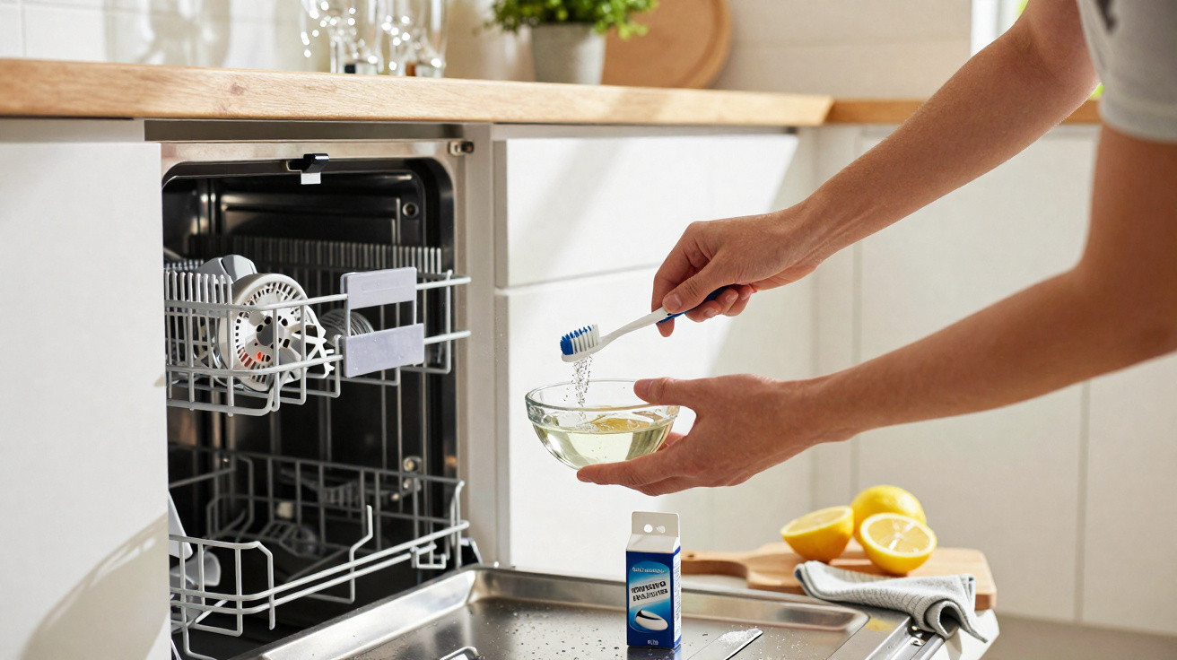 Pessoa colocando pasta de dente na escova para limpar máquina de lavar louça na cozinha moderna.