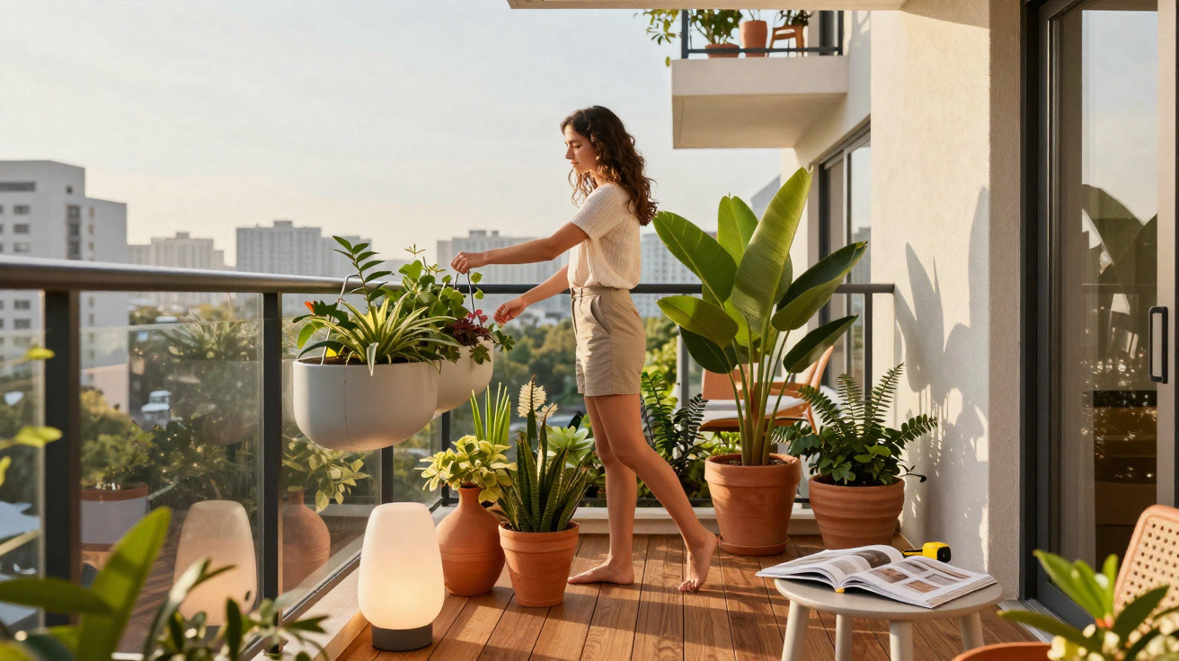 Mulher cuidando de plantas em varanda com vasos, lâmpada e cadeira, ao amanhecer em área urbana.