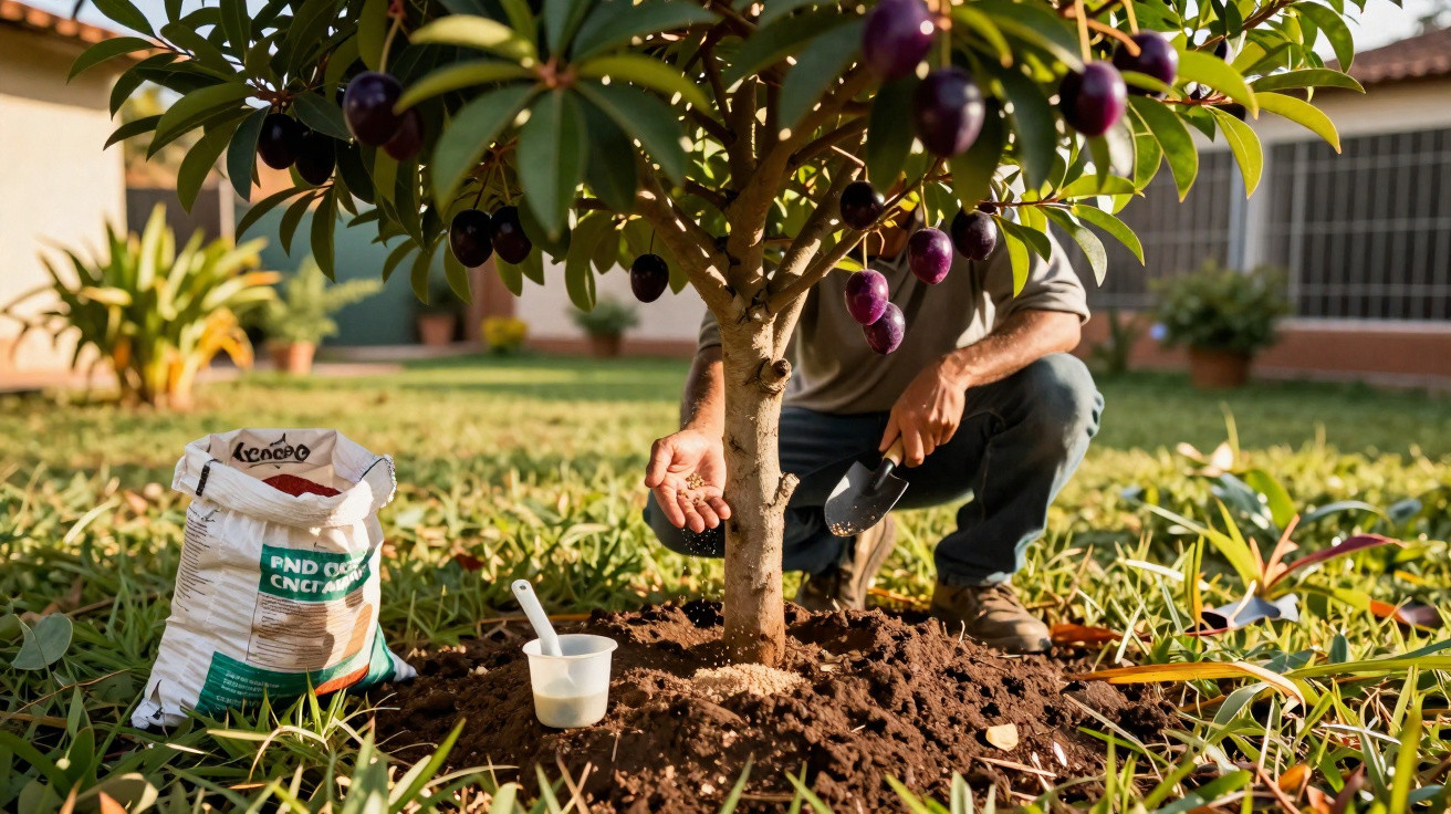 Pessoa cuidando da base de uma árvore frutífera com frutas roxas, usando pá e com saco de adubo ao lado.