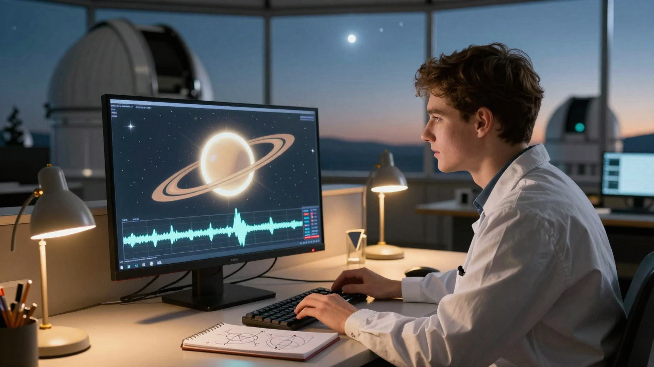Jovem cientista vestido com jaleco observa imagem de planeta com anéis e gráficos no computador.