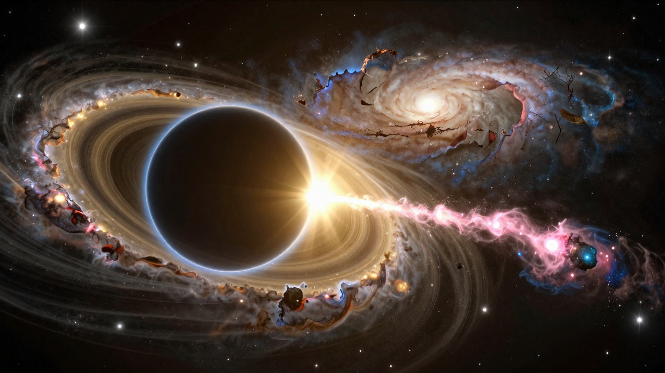 Planeta com anéis irradiando luz intensa no espaço contra galáxias e estrelas ao fundo.