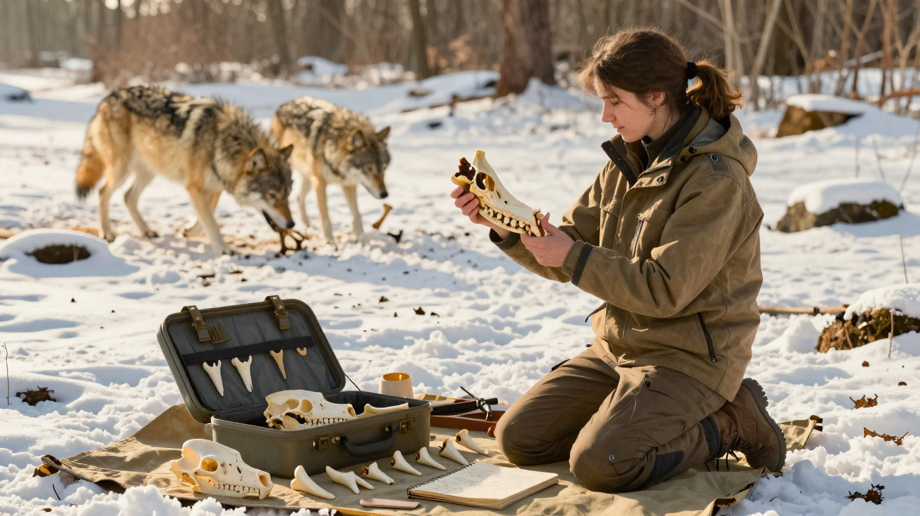 Mulher estudando crânio e mandíbulas de lobo na neve, com dois lobos ao fundo em floresta.