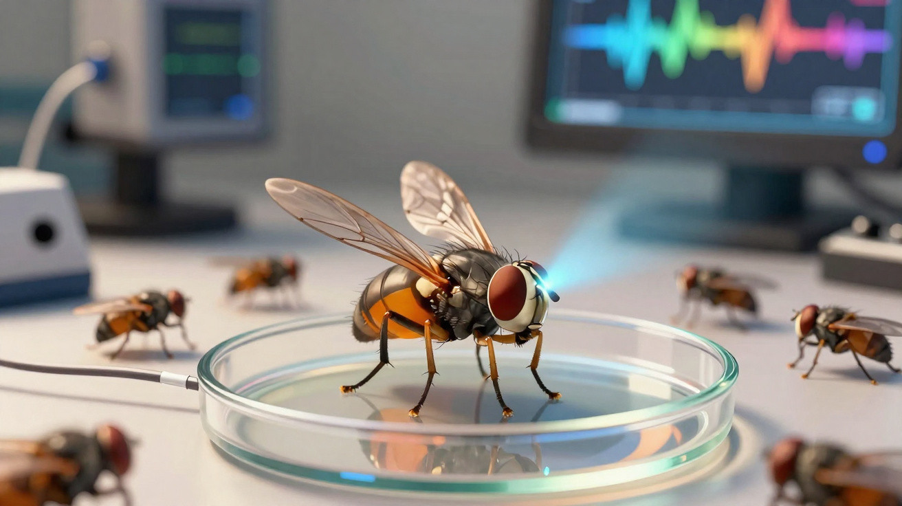 Mosca em placa de Petri com visor digital ao fundo exibindo gráficos coloridos.