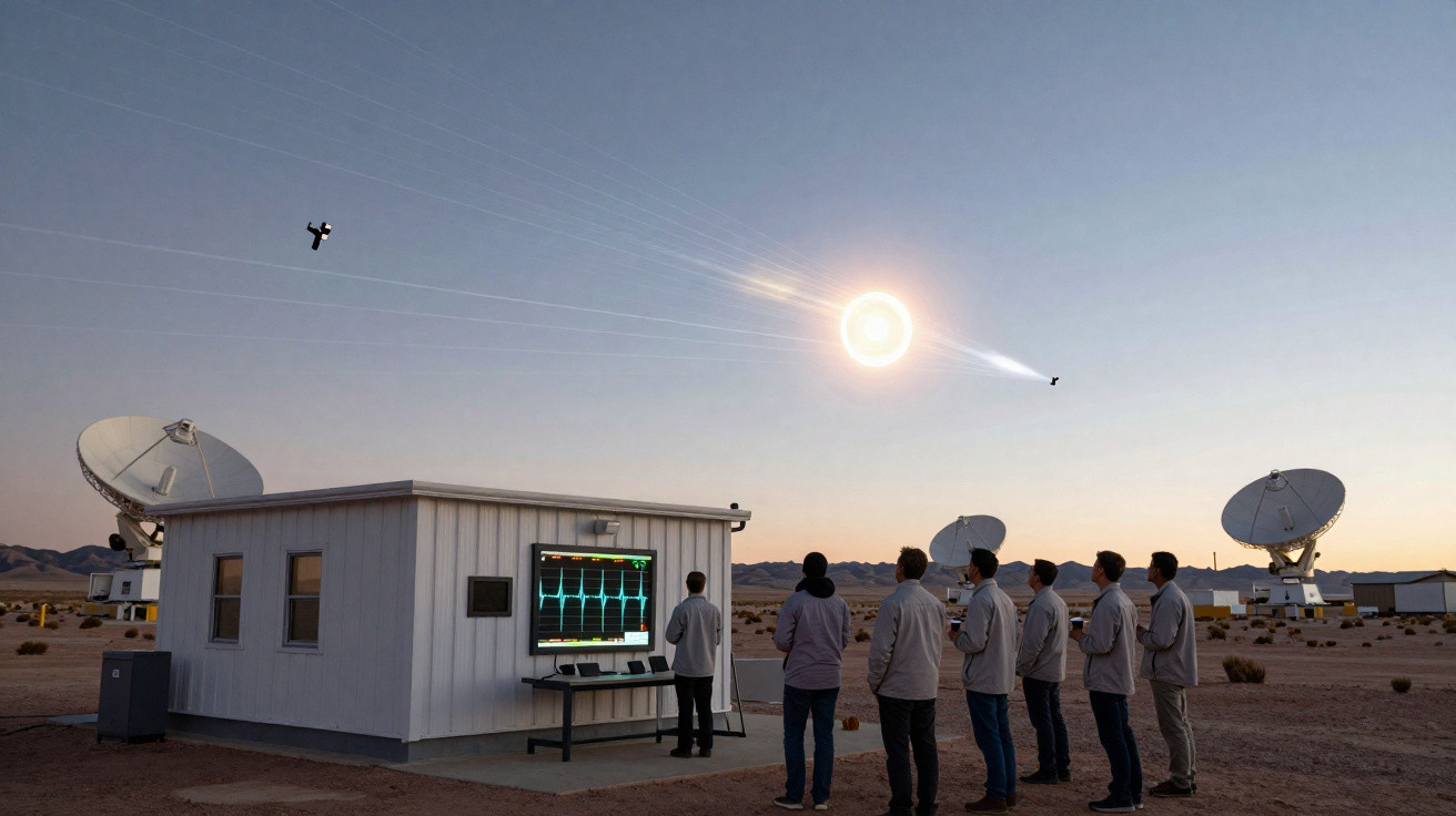 Equipe observando anomalia luminosa no céu acima de estação com antenas parabólicas no deserto ao entardecer.