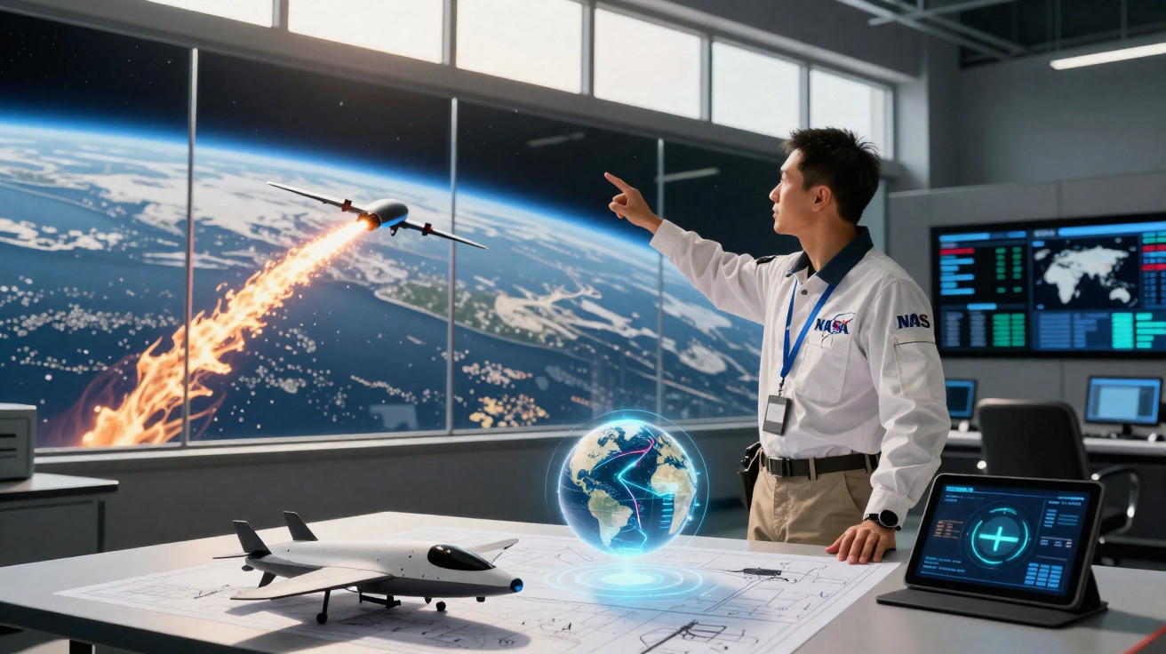Homem em laboratório com uniforme NASA aponta para tela mostrando foguete e Terra em holograma sobre mesa com modelo de avião