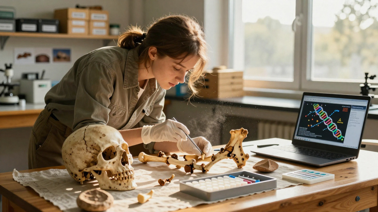 Mulher cientista analisando ossos humanos em laboratório com laptop exibindo DNA ao fundo.